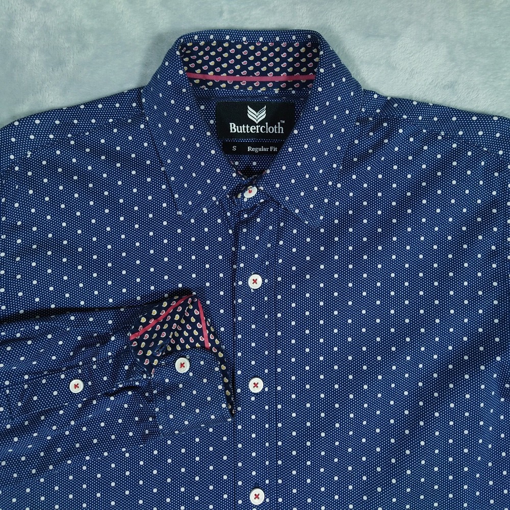 Butter Cloth Mens Small Blue White Polka Dot Button Up Shirt Regular Fit Stretch